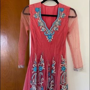 Pink anarkali with heavy hand work of blue and silver rhinestones